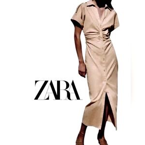 ZARA Tan Button-Down midi Dress Shirt